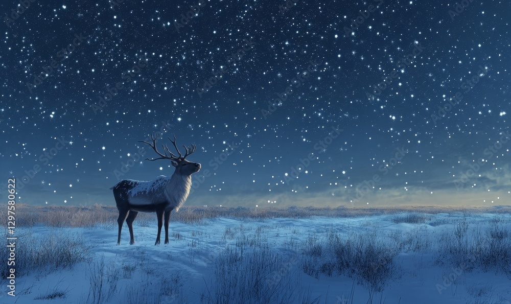 Poster artistic rendering of a reindeer in profile, standing on a snowy hillside under a crescent moon, gen