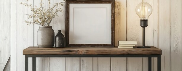 Rustic Console Table with Farmhouse Decor and Mockup Frame