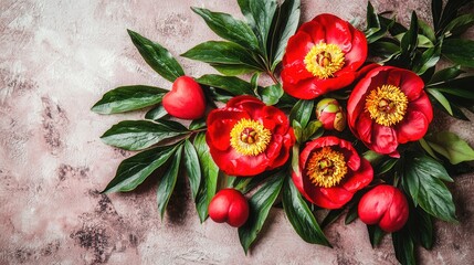 Red Flowers and Hearts on Brown Backgrounds with Green Foliage And Lush Composition On Flat Lay