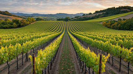 Fototapeta premium Scenic vineyard landscape with rows of grapevines under a golden sunset
