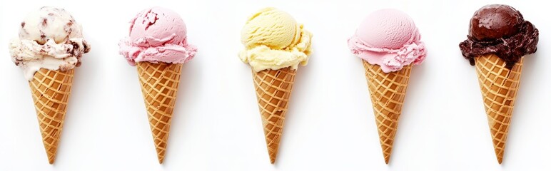 Five Colorful Ice Cream Cones on White Background