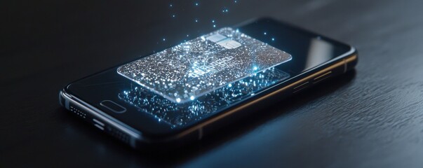 A futuristic smartphone displays a holographic card, emanating sparkling light particles, symbolizing advanced technology and digital payments.