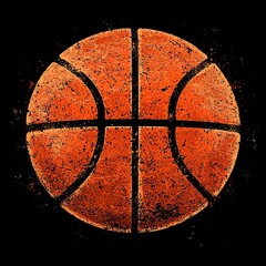 A close-up view of a textured basketball against a dark background. The ball displays wear and tear, highlighting its use in various games and sports activities.