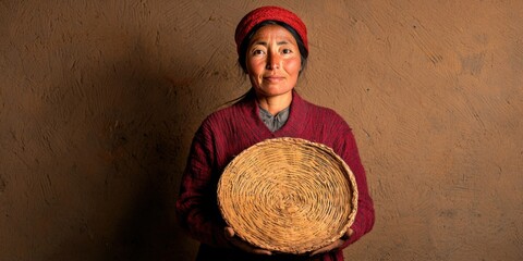 A woman holds a handmade basket, showcasing traditional craftsmanship against a textured, earthy background.