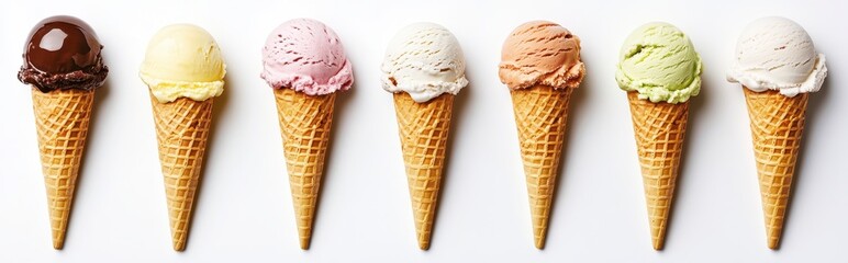Seven Colorful Ice Cream Cones on White Background