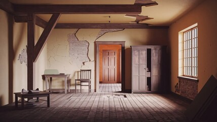 Repair interior of an old damaged apartment room, 3d render, realistic