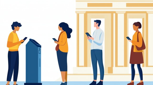 A group of four individuals stands in line, each using a smartphone, near a kiosk or informational display in a stylish, modern environment.