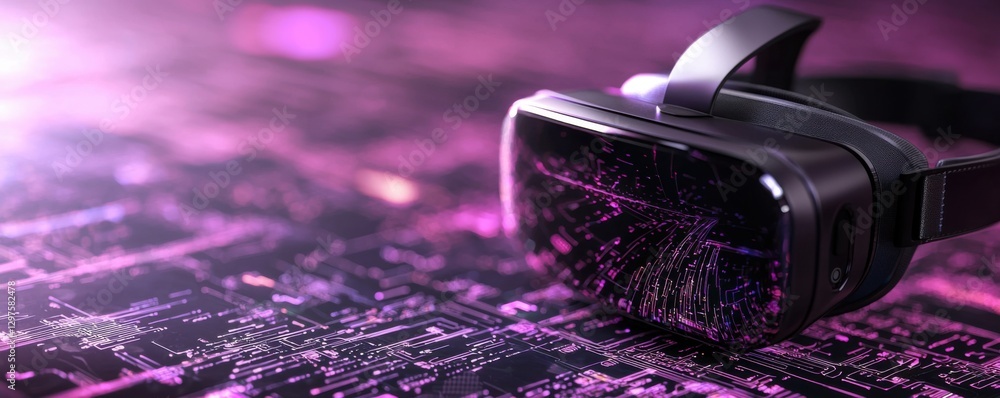 Poster a sleek virtual reality headset rests on a vibrant, futuristic background filled with intricate patt
