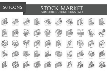 Stock market isometric 3d icons set, contain graph, money, gold, asset, bond, profit, bank, auction and more. For print, digital concept, UI, UX kit, web and app. vector EPS 10 for business, finance.