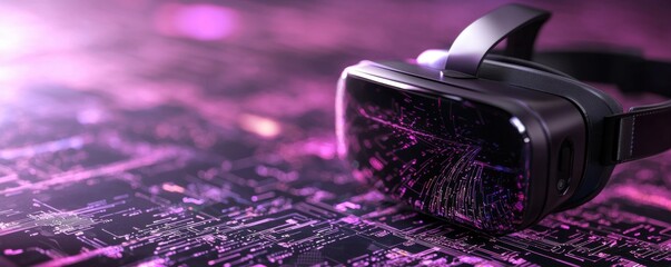 A sleek virtual reality headset rests on a vibrant, futuristic background filled with intricate patterns and glowing elements.