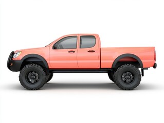 Side profile of a salmon pink pickup truck with large off road tires on a white background. The truck is clean and appears new