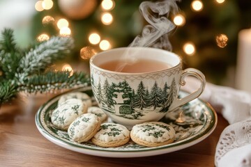 Fototapeta premium cozy holiday scene featuring a steaming cup of tea, cookies, and a lit Christmas tree in the background, Generative AI
