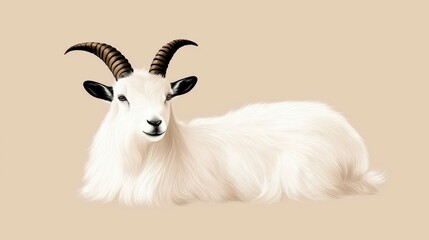 Fototapeta premium Graceful White Mountain Goat with Curving Horns Relaxing Posing Calmly Animal Wildlife Art