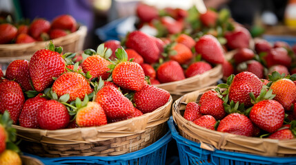 selling locally grown strawberries at a colorful farmers market stall, with the vibrant fruit on display in baskets 