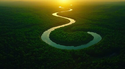 A serene sunset reflects on a winding river, surrounded by dense greenery, creating a tranquil and...