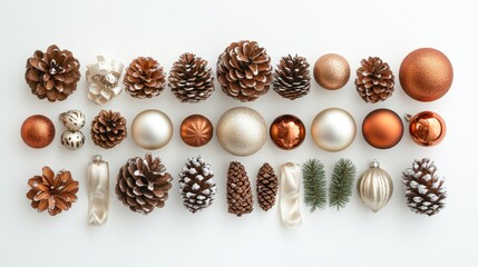festive flat-lay of holiday ornaments, ribbons, and pinecones arranged symmetrically on a white background, Generative AI