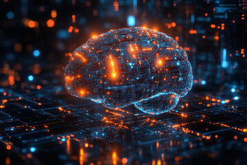 Brain sculpted from glowing lights, floating in darkness.