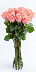 A bouquet of pale pink roses with lush green leaves, tightly bound stems, displayed against a bright white background. The image is clean and well