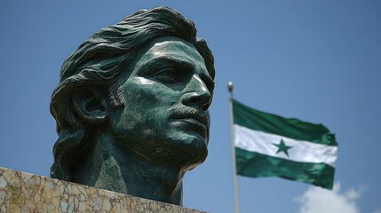 Obraz premium Bronze bust of a man, national flag in background, monument