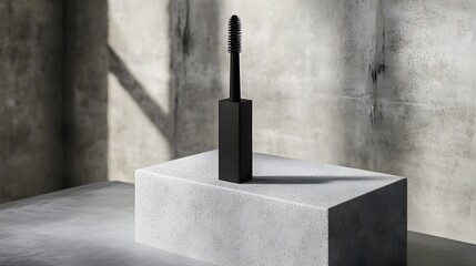 A sleek black mascara brush stands prominently on a minimalist concrete pedestal in a modern setting