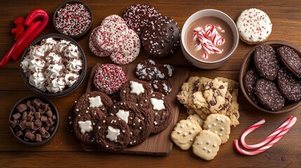 Fototapeta premium modern flat-lay of Christmas cookies, candy canes, and a cup of hot cocoa, arranged on a wooden table, Generative AI