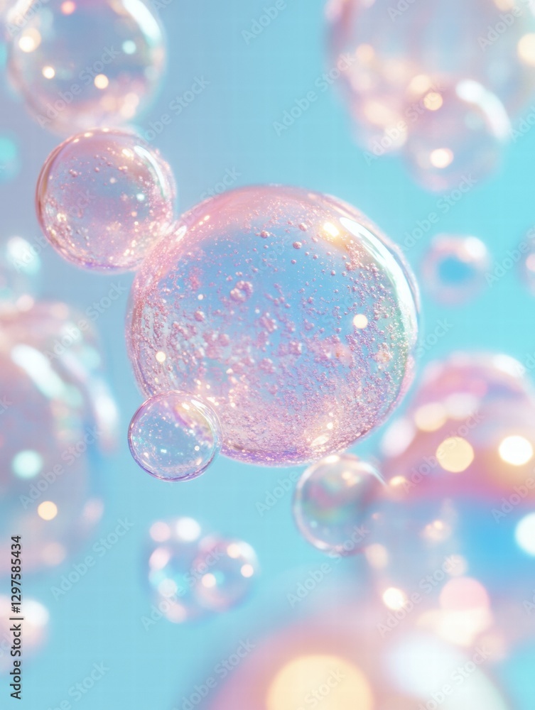 Aufkleber colorful soap bubbles floating serenely against a soft blue background in bright sunlight. generativ