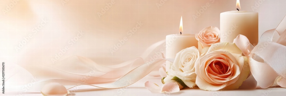 Aufkleber Elegant floral arrangement with soft candles and satin ribbon creating a romantic atmosphere. Generative AI