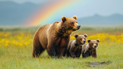 Brown bear family with cubs in a meadow under a rainbow