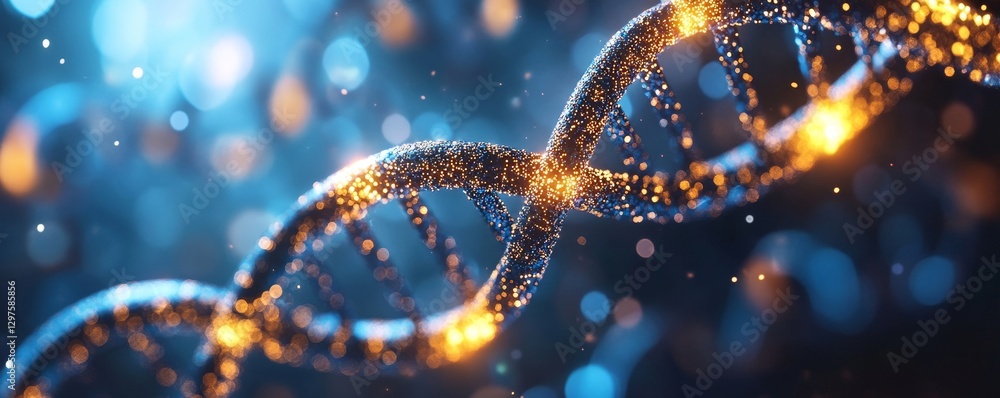 Poster artistic representation of a glowing dna helix surrounded by digital particles, symbolizing scientif