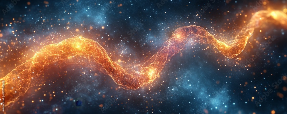 Poster artistic representation of a glowing dna helix surrounded by digital particles, symbolizing scientif