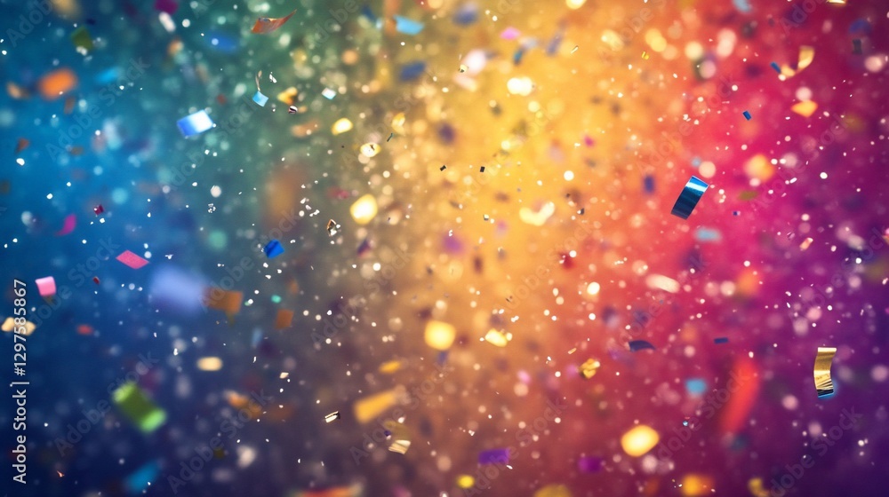 Poster colorful confetti celebration background with vibrant blurred bokeh lights floating around creating 