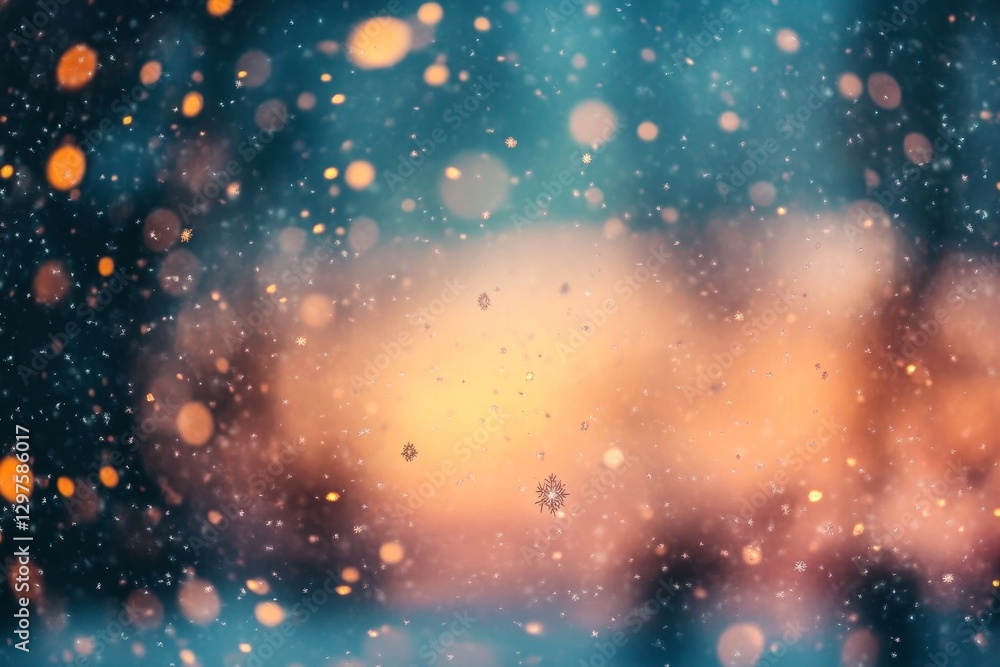 Poster dreamy winter background featuring soft bokeh lights and delicate snowflakes falling against a gradi