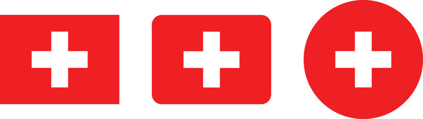 Three variations of the Swiss cross emblem on red backgrounds