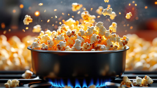 pot of popcorn pops energetically over blue flame on stove, with kernels flying in air, creating lively and dynamic scene
