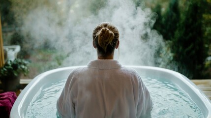 Woman Relaxing in Hot Tub  Spa Day  Steam  Bathrobe  Wellness