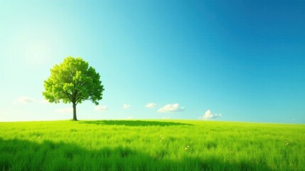 Serene landscape showcasing a single, vibrant green tree standing tall in a lush, grassy field under a clear, azure sky.