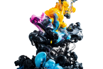 Abstract Colorful Ink Swirls in Black Fluid on Transparent Background