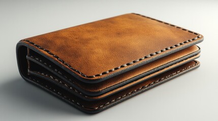 Brown leather cardholder, folded, studio shot. Possible use showcasing craftsmanship and product