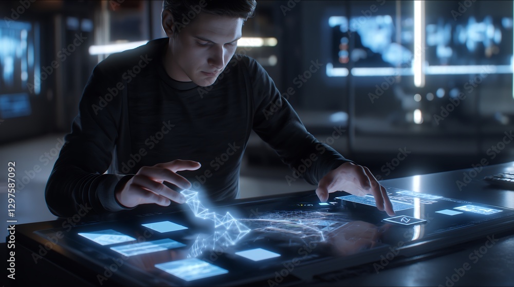 Poster a cyber security analyst interacting with augmented reality displays, glowing 3d holograms showcasin