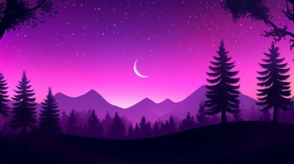 Fototapeta premium Serene twilight landscape showcasing mountains, trees, and a crescent moon in a vibrant sky