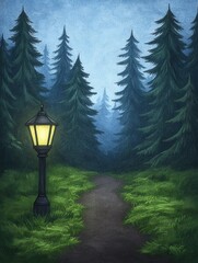 A solitary lamp illuminates a path leading into a misty forest. The scene is dominated by dark green evergreen trees and a soft, muted color palette