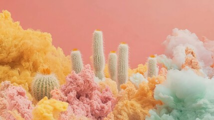 Surreal Cactus Desert  Pastel Ink Clouds  Artistic Cacti