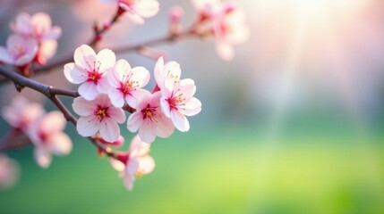 Obraz premium Delicate Pink Blossoms on a Branch Basking in Soft Sunlight, a Serene Springtime Image