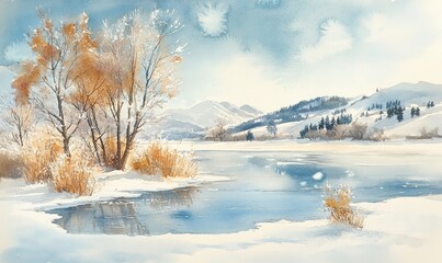 watercolor painting of a winter landscape with a frozen lake, frosted trees, and snow-covered hills in the distance, Generative AI