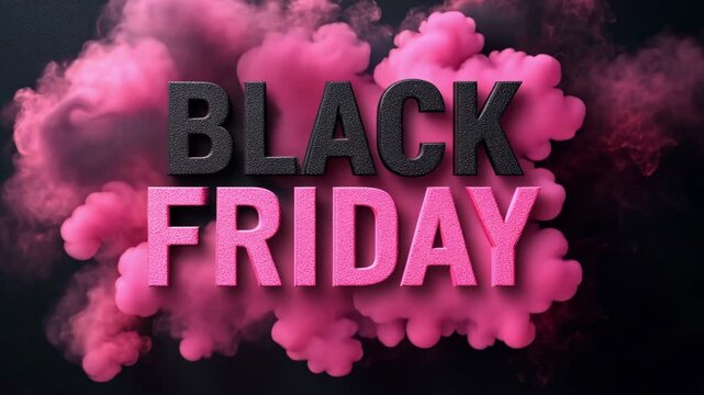 "BLACK FRIDAY" writing on a black backdrop with smoke clouds, a colorful and striking advertising design
