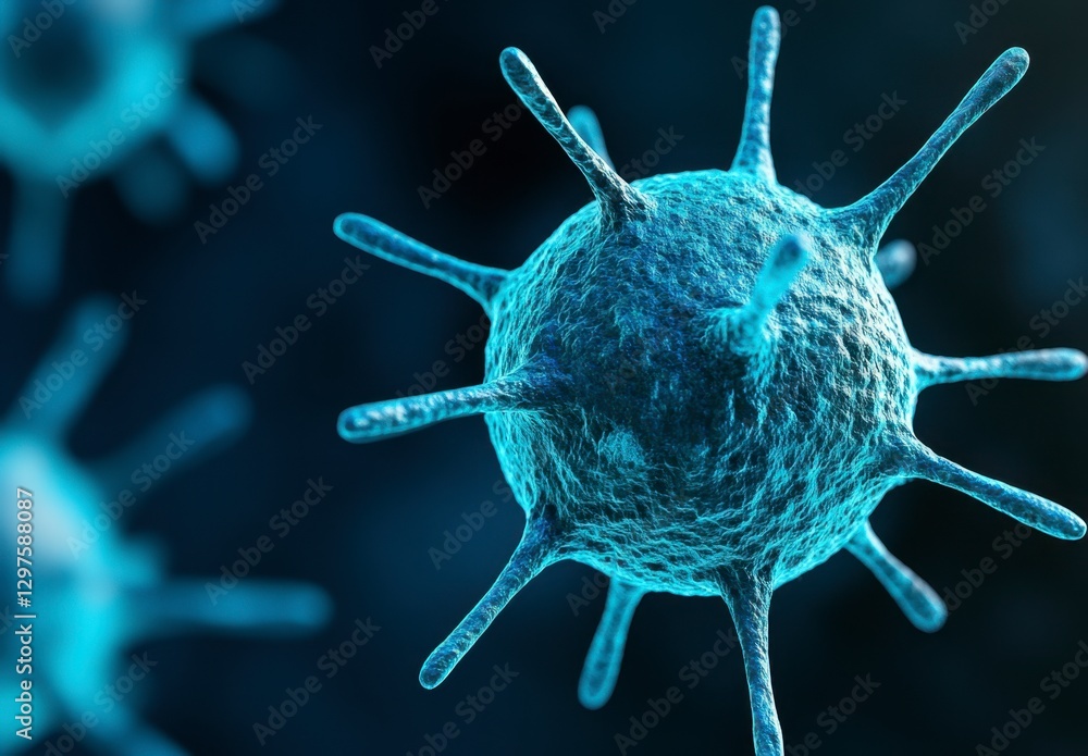 Poster microscopic view of a virus, detailed 3d rendering of a virus particle with spiky surface, in blue a