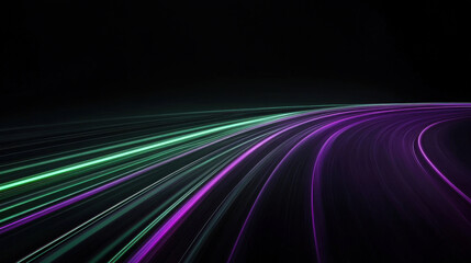 Black background, with purple and green light streaks in the shape of curved road lines