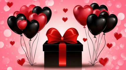Romantic Red And Black Heart Balloons Above Gift Box On Pink Backgrounds With Small Hearts