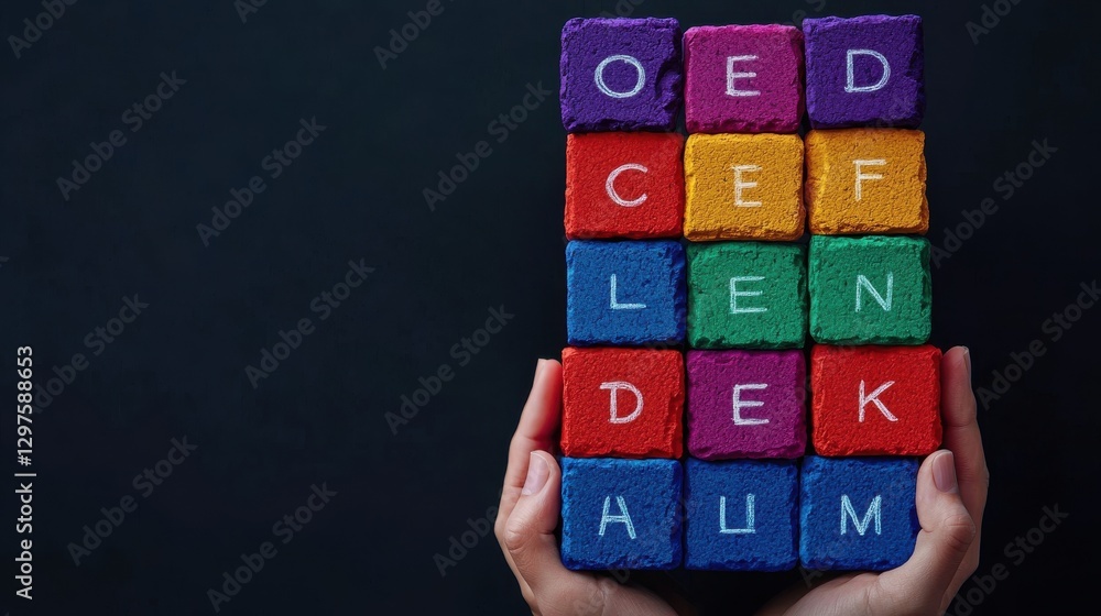 Poster communication negotiation concept. creative teamwork represented by stacked colorful blocks