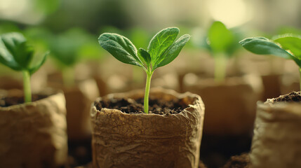 Young seedlings in biodegradable pots symbolize sustainable gardening and eco friendly practices, highlighting importance of recycling and nurturing environment